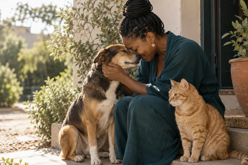 A woman touches foreheads with her mixed-breed dog while a ginger tabby cat sits beside her in warm garden light. AI-generated illustration.