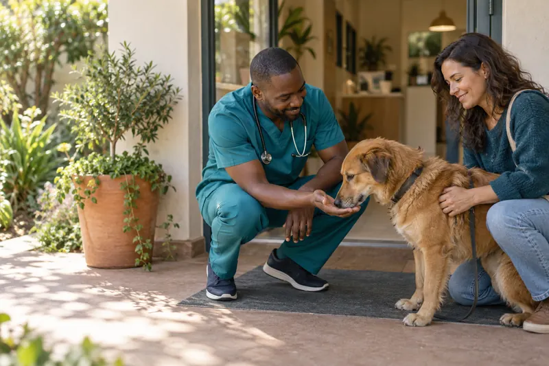 A veterinary professional in teal scrubs crouches to greet a golden dog and its owner at a practice doorway. AI-generated illustration.